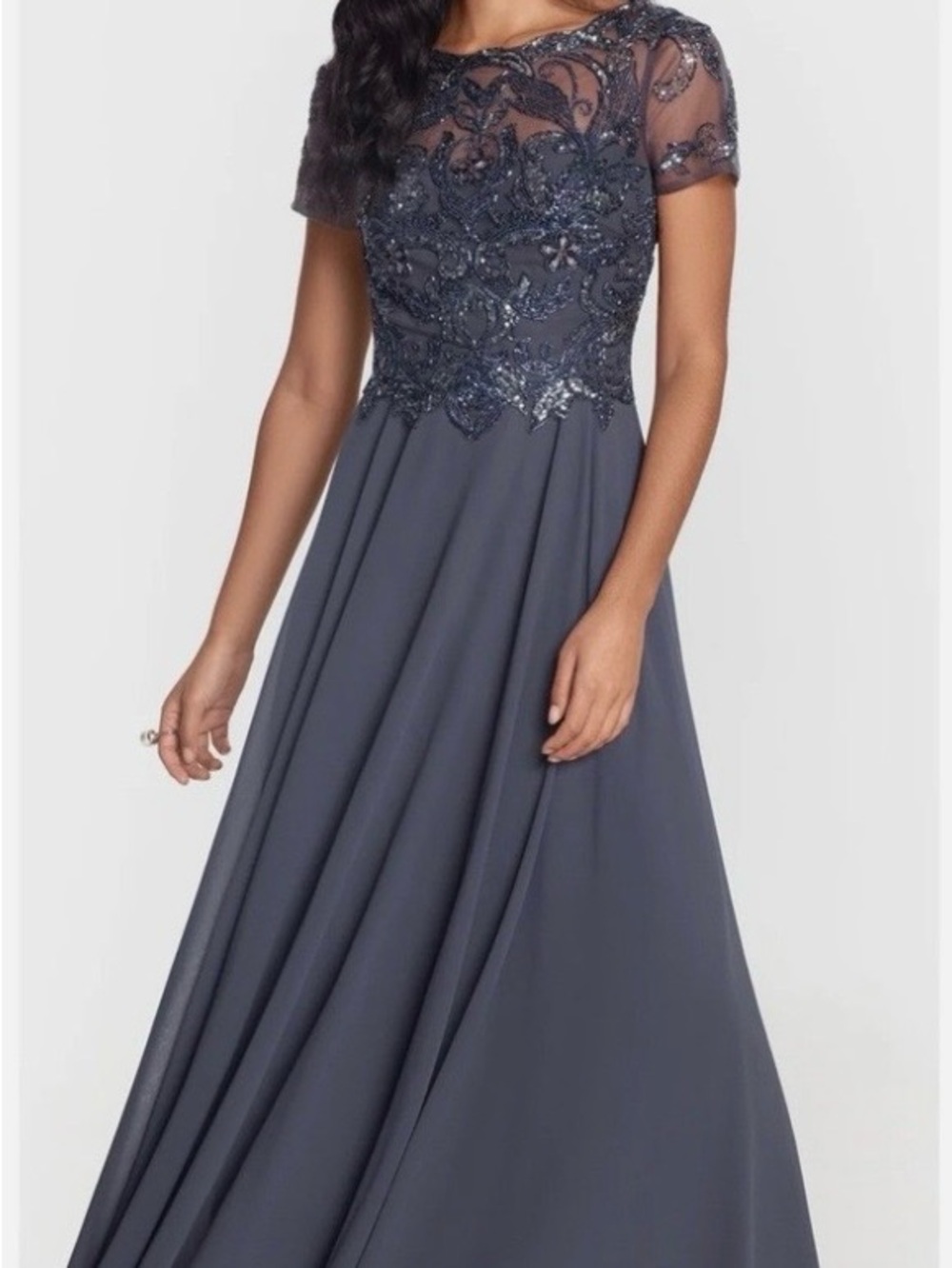 Xscape Slate Blue Beaded A-Line Evening Gown